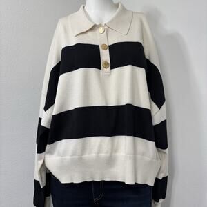 Express Womens Ivory Black Rugby Striped Sweater XL Collar‎ Gold Buttons Preppy